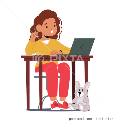 Young Girl Character Immersed In Technology. Kid Sit At Desk With Laptop And Graphic Tablet, Exploring Digital Realms Young Girl Character Immersed In Technology. Kid Sit At Desk With Laptop And Graphic Tablet, Exploring Digital Realms 104108142