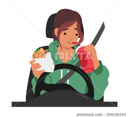 Dangerous Unsafe Behavior Of Woman Character Eating While Driving, Jeopardizing Her Safety And That Of Others On Road Dangerous Unsafe Behavior Of Woman Character Eating While Driving, Jeopardizing Her Safety And That Of Others On Road 104108143