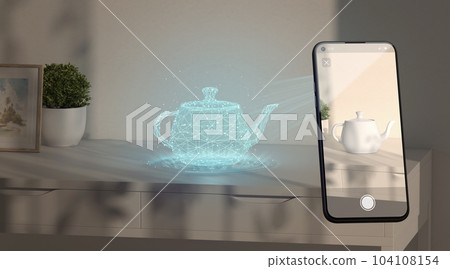 White kettle hologram stand on table phone display augmented reality White kettle hologram stand on table phone display augmented reality 104108154