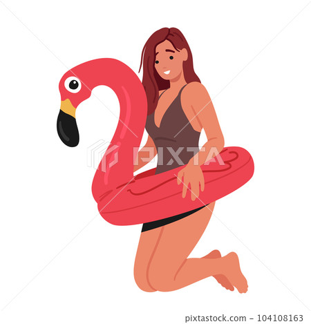 Energetic Woman Character with Inflatable Flamingo Ring Joyfully Leaps Into The Air Wearing Brown Swimsuit 104108163