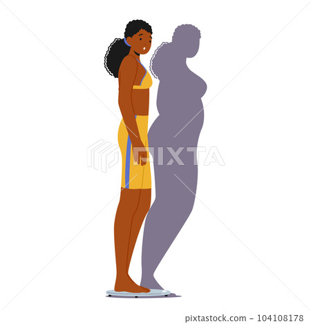 Slim Woman Character Standing on Scales Gazes At Her Shadow, Perceiving Herself As Overweight, Vector Illustration 104108178