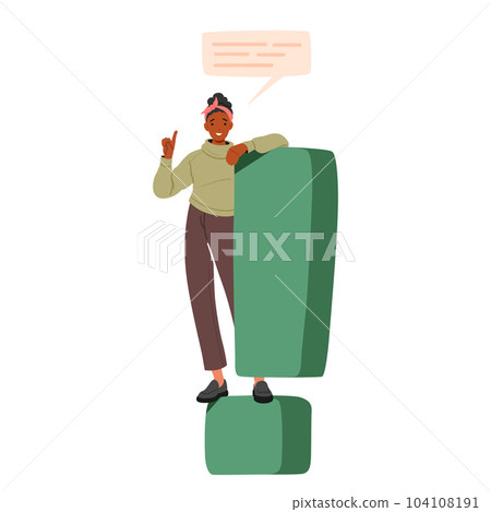 Female Character Stands on Gigantic Exclamation Mark, Pointing Upwards With An Outstretched Finger, Vector Illustration 104108191