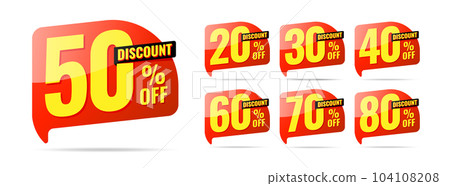 Discount label pop up banner with different sale percentage. 20, 30, 40, 50, 60, 70, 80 percent off price reduction badge promotion design emblem set vector illustration isolated on white background. Discount label pop up banner with different sale percentage. 20, 30, 40, 50, 60, 70, 80 percent off price reduction badge promotion design emblem set vector illustration isolated on white background. 104108208