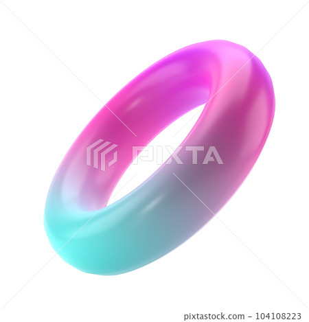3d shape metal donut geometric. Realistic glossy turquoise and lilac gradient color luxury template decorative design illustration. Minimalist bright mockup isolated with clipping path 104108223