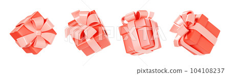 Red gift box with pink ribbon and bow 3d render illustration collection - falling present packages. Floating surprize packs for congratulation or bonus concept. Greeting and reward decoration element. Red gift box with pink ribbon and bow 3d render illustration collection - falling present packages. Floating surprize packs for congratulation or bonus concept. Greeting and reward decoration element. 104108237