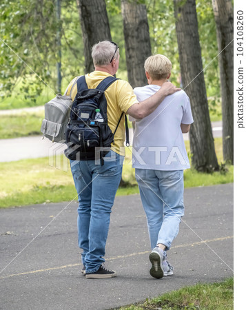 A pair of unrecognizable seniors are walking embracing along the alleys of the park. 104108260