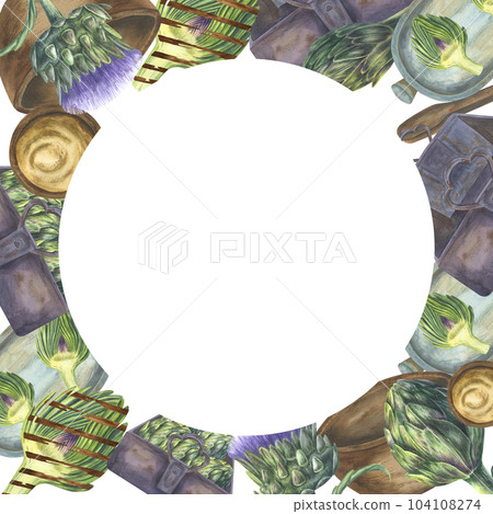 Frame of artichoke, plate, watercolor illustration. Hand drawn watercolor illustration isolated on white background. Frame of artichoke, plate, watercolor illustration. Hand drawn watercolor illustration isolated on white background. 104108274