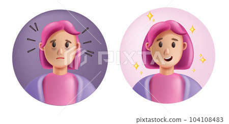 3D stress happy woman icon, vector fatigue shocked cheerful female cartoon character, exhausted girl 104108483