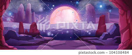 Game space vector background, alien planet landscape, cartoon fantasy red Mars desert view, rocks.  104108484