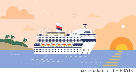 Large cruise liner or passenger ship at sea at sunset, flat vector illustration. Large cruise liner or passenger ship at sea at sunset, flat vector illustration. 104108518