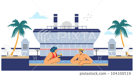 Smiling man and woman relaxing in pool on liner flat style Smiling man and woman relaxing in pool on liner flat style 104108519