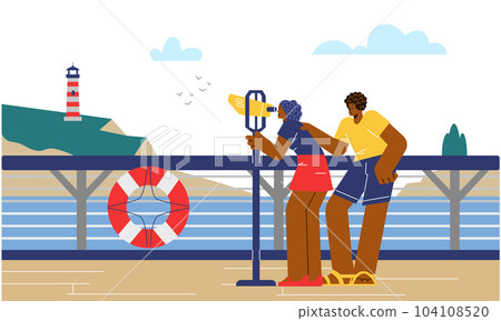 People on cruise liner deco looking through binoculars at coast and island, flat vector illustration isolated on white. People on cruise liner deco looking through binoculars at coast and island, flat vector illustration isolated on white. 104108520