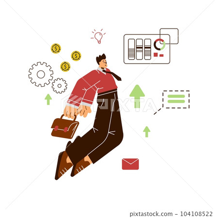 Businessman flying up or jumping, flat vector illustration isolated on white background. 104108522