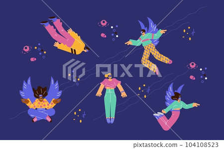 Set of flying people in VR glasses flat style, vector illustration Set of flying people in VR glasses flat style, vector illustration 104108523