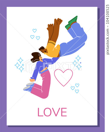 Romantic loving couple flying among clouds and hearts, flat vector isolated. Romantic loving couple flying among clouds and hearts, flat vector isolated. 104108525