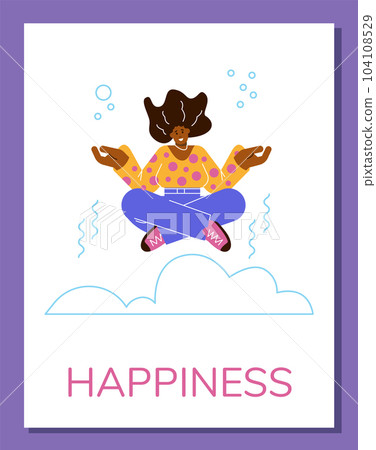 Happy woman meditating and floating in the air, poster template - flat vector illustration. Happy woman meditating and floating in the air, poster template - flat vector illustration. 104108529