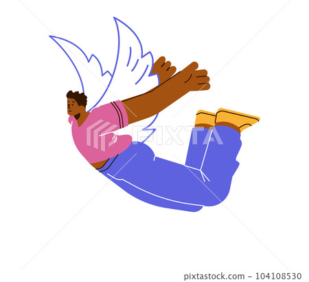 Vector isolated disproportionate character of black man flies in the air with doodle wings, Energy, aspirations, ambitions and inspiration Vector isolated disproportionate character of black man flies in the air with doodle wings, Energy, aspirations, ambitions and inspiration 104108530