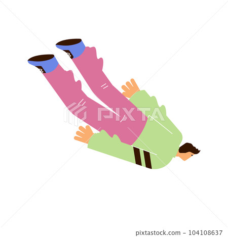 Vector isolated disproportionate character of man flying, floating in air, direction down. Energy, aspirations, ambitions and inspiration Vector isolated disproportionate character of man flying, floating in air, direction down. Energy, aspirations, ambitions and inspiration 104108637