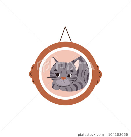 Cat portrait in hanging picture frame, flat vector illustration isolated on white background. 104108666