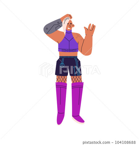 Cartoon vector isolated Cyberpunk woman with schemes on the body and clothes, Futuristic cybernetic implants and prosthesis 104108688