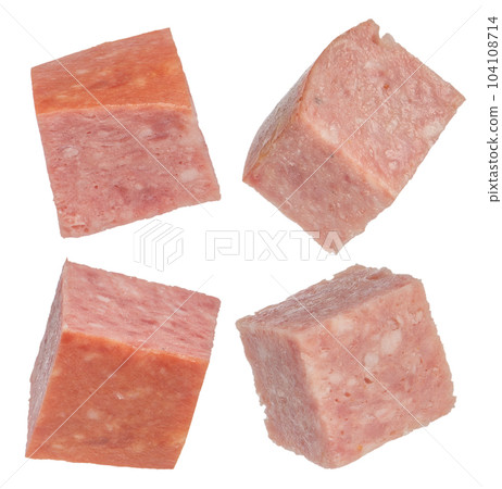 Smoked sausage isolate cut into squares. Salami sausage cubes on a white isolated background. For inserting into a design, project or product label creation. Smoked sausage isolate cut into squares. Salami sausage cubes on a white isolated background. For inserting into a design, project or product label creation. 104108714