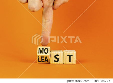 Most or least symbol. Businessman turns wooden cubes and changes the word Least to Most. Beautiful orange table orange background. Copy space. Business and most or least concept. 104108773