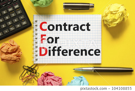 CFD symbol. Concept words CFD contract of difference on beautiful white note. Beautiful yellow table yellow background. Calculator. Business and CFD contract of difference concept. Copy space. CFD symbol. Concept words CFD contract of difference on beautiful white note. Beautiful yellow table yellow background. Calculator. Business and CFD contract of difference concept. Copy space. 104108855