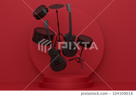 Acoustic guitars and drums with cymbals on podium on monochrome background. Acoustic guitars and drums with cymbals on podium on monochrome background. 104109018