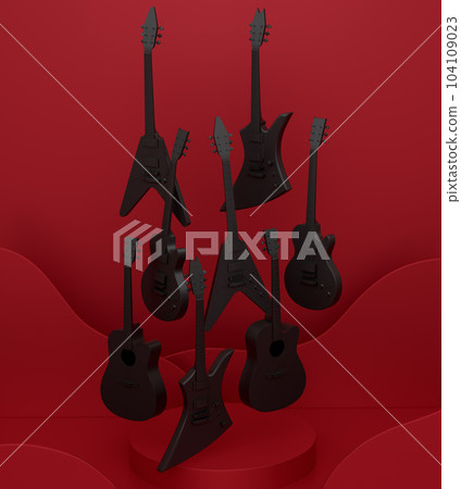 Acoustic guitars and drums with cymbals on podium on monochrome background. 104109023