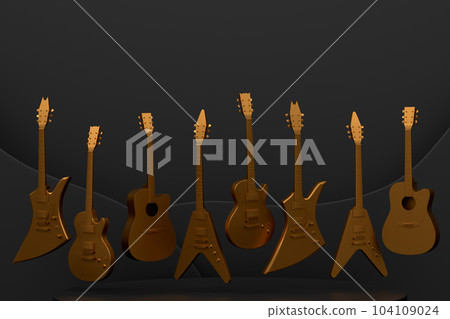 Acoustic guitars and drums with cymbals on podium on monochrome background. 104109024