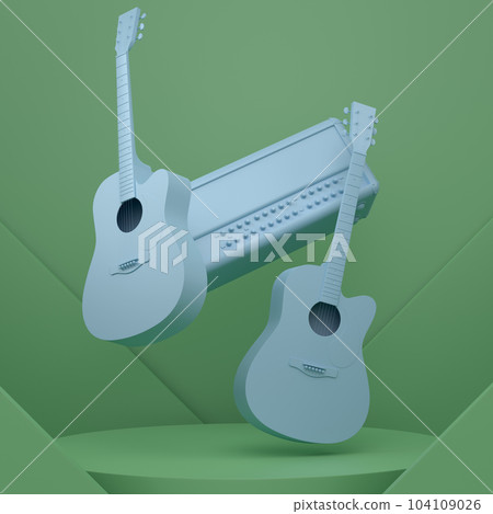 Acoustic guitars and drums with cymbals on podium on monochrome background. Acoustic guitars and drums with cymbals on podium on monochrome background. 104109026