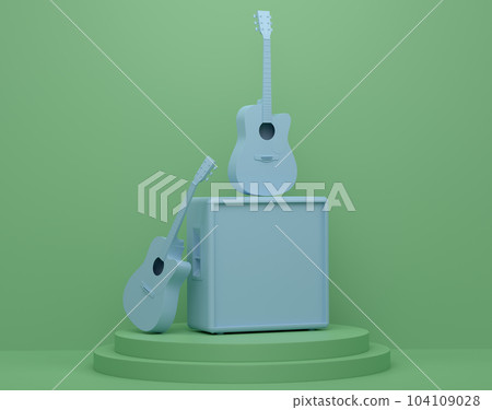Acoustic guitars and drums with cymbals on podium on monochrome background. 104109028