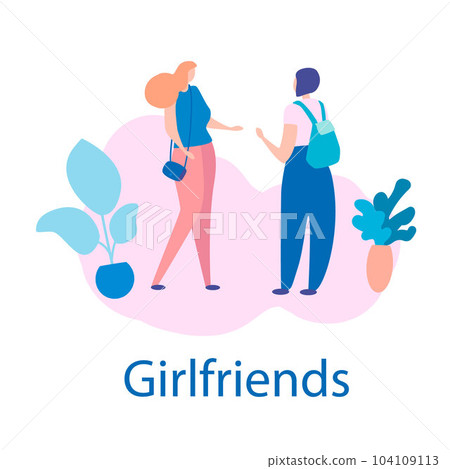 Illustration two girls girlfriends communicate among flowers. Cute conversation in pink colors, chatting and speech student. 104109113