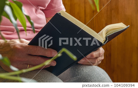 Old aged women hands reading book at home, cozy wooden house and plants Old aged women hands reading book at home, cozy wooden house and plants 104109394
