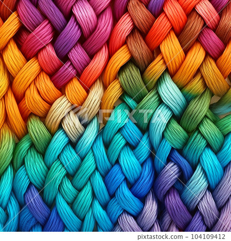 Multi-colored threads woven with pigtails, bright rainbow background, unusual textile wallpaper 104109412