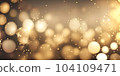 Gold bokeh effect festive background. Shiny golden glitter, lights and sparkling magic particles. Elegant abstract Merry Christmas and Happy New Year empty backdrop 104109471