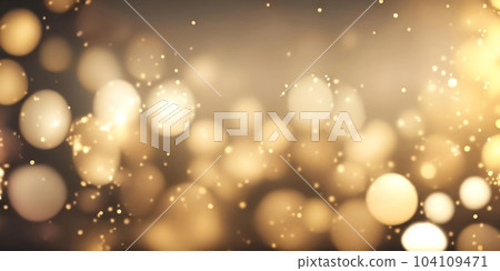 Gold bokeh effect festive background. Shiny golden glitter, lights and sparkling magic particles. Elegant abstract Merry Christmas and Happy New Year empty backdrop 104109471