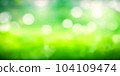 Natural green bokeh light abstract background with copy space. Blurred fresh grass and leaf backdrop. Bright glowing green nature wallpaper. 104109474