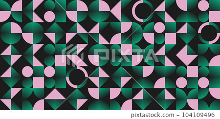 Modern abstract vector pattern artwork with various geometric shapes and elements. Pink and gradient green. Digital graphics design for poster, cover, art, presentation, prints, fabric, wallpaper 104109496