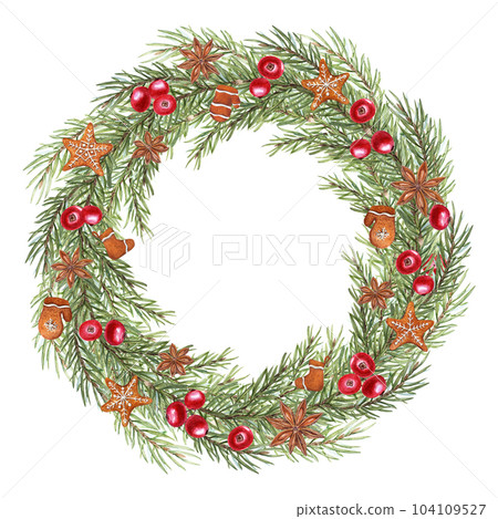 Christmas wreath of Spruce Branch, Star Anise, Gingerbread Cookies, Cowberry isolated on white background. Watercolor illustration for greetings, Xmas and New Year cards. Copy space for text 104109527