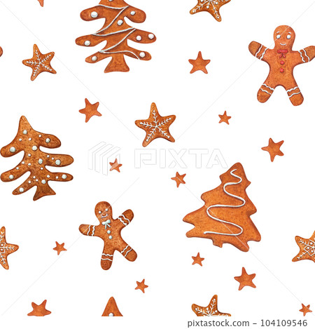 Seamless pattern of watercolor Christmas gingerbread cookies isolated on white background. Illustration of gingerbread man, stars, spruce for room decor, print, textile design. Cozy home Seamless pattern of watercolor Christmas gingerbread cookies isolated on white background. Illustration of gingerbread man, stars, spruce for room decor, print, textile design. Cozy home 104109546
