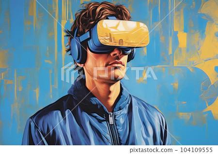Modern man in blue futuristic costume with golden elements in virtual reality glasses on a golden background AI 104109555