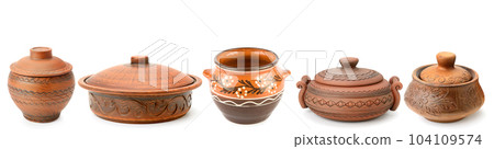 Set of clay pots isolated on white. Collage. Wide photo. Free space for text. 104109574