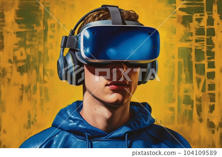 Modern man in blue futuristic costume with golden elements in virtual reality glasses on a golden background AI 104109589