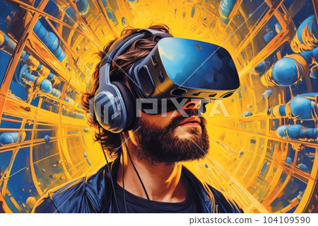 Modern man in blue futuristic costume with golden elements in virtual reality glasses on a golden background AI Modern man in blue futuristic costume with golden elements in virtual reality glasses on a golden background AI 104109590