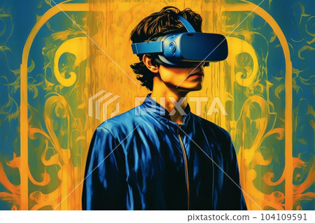 Modern man in blue futuristic costume with golden elements in virtual reality glasses on a golden background AI 104109591