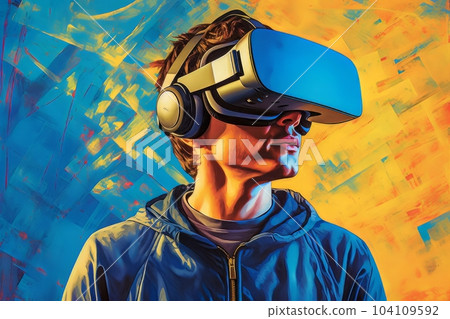Modern man in blue futuristic costume with golden elements in virtual reality glasses on a golden background AI Modern man in blue futuristic costume with golden elements in virtual reality glasses on a golden background AI 104109592