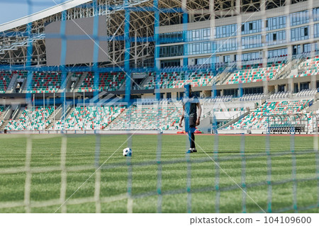 Football goal post with net, back view. Football goal post with net, back view. 104109600
