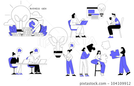 Business Process with People Characters with Jigsaw Puzzle and Lightbulb Have Idea Vector Set 104109912