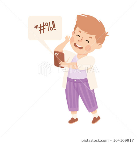 Little Boy Swearing Speaking by Phone Having Bad Behavior Vector Illustration 104109917